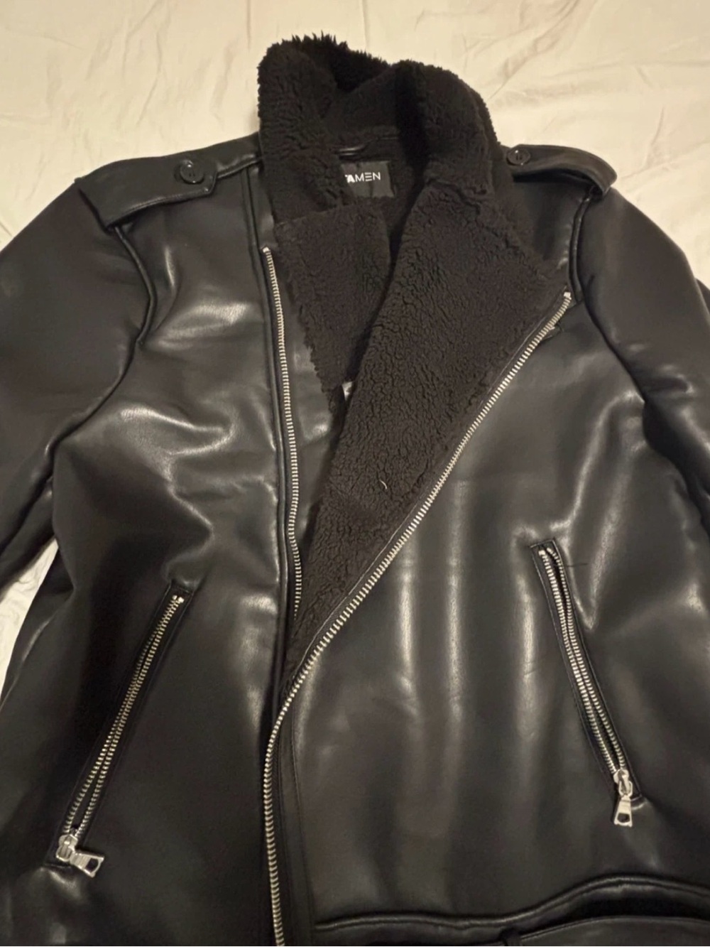 Fashion Nova Men's Black Faux Leather Sherpa Jacket